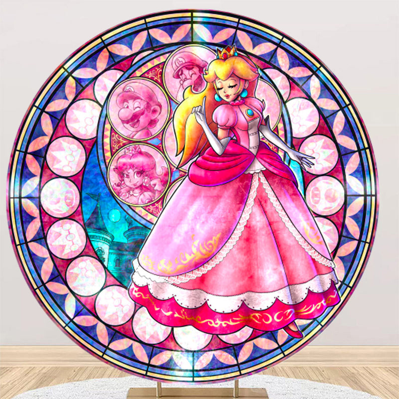 Customize Super Mario Peach Amiibo Princess Backdrop Cover Round Backdrop Girls Birthday Party Circle Background Covers