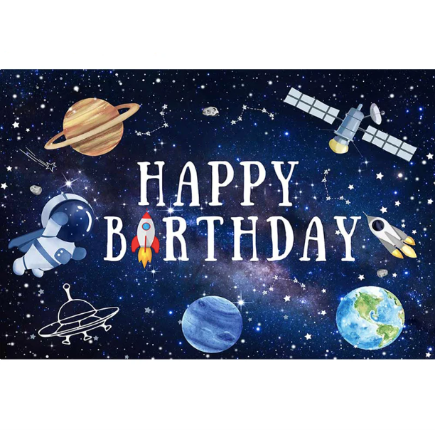 Custom Happy Birthday Photo Background Outer Space Cosmic Starry Sky Rocket Newborn Shower Decoration