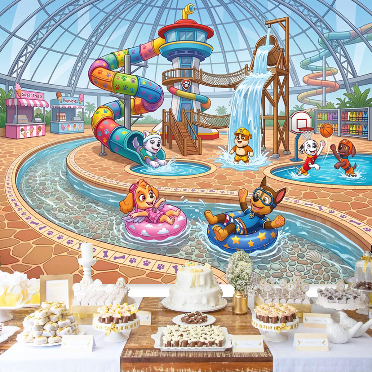 Custom Paw Patrol in Water Park Photo Backdrop Banner