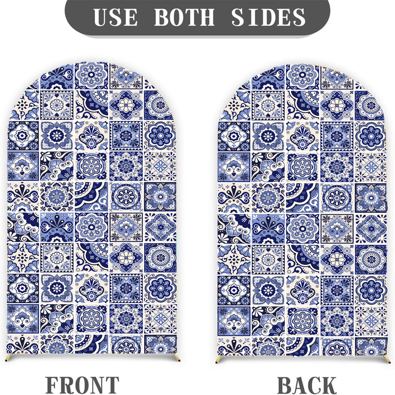 Customize Size Blue and White Porcelain Photo Background Cover Inspo Tile Arch Chiara Theme Background Double Side Elastic Covers