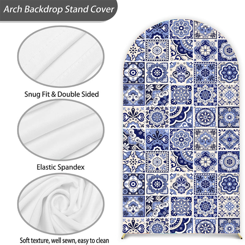 Customize Size Blue and White Porcelain Photo Background Cover Inspo Tile Arch Chiara Theme Background Double Side Elastic Covers