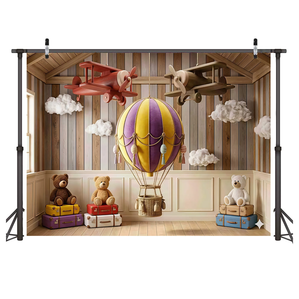 Custom Hot Air Balloon Model Plane Bear Photo Backdrop Banner
