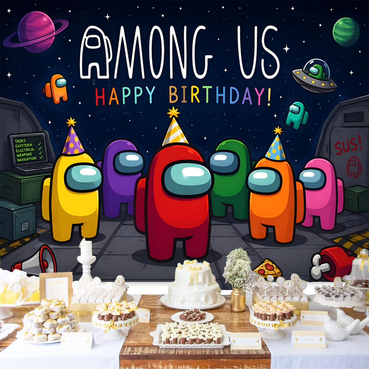 Custom Among Us Photo Backdrop Happy Birthday Banner