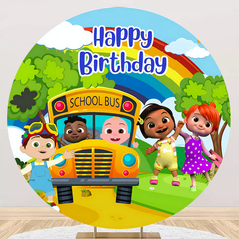 Toile de fond ronde Melon personnalisée, Bus scolaire familial, couverture de plinthe de cylindre de fond de cercle de Photo d'enfants