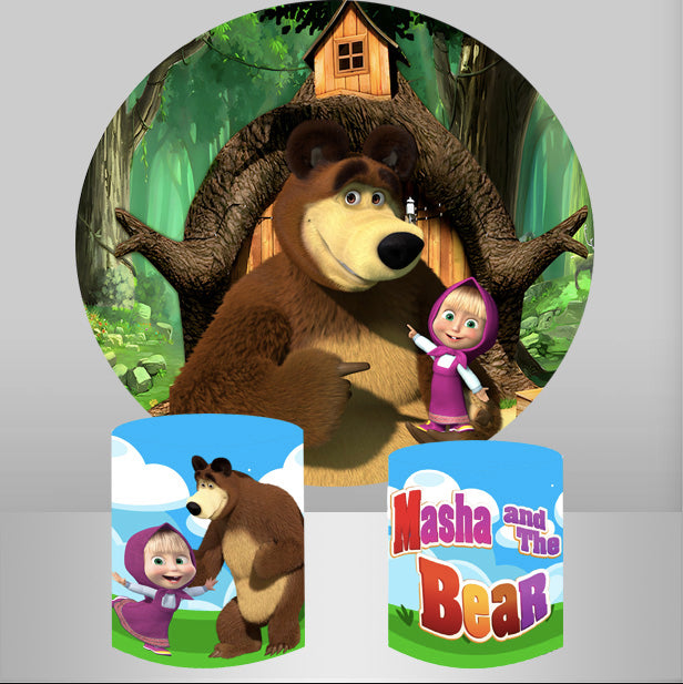 Customize Masha and Bear Round Backdrops Kids Birthday Circle Background Cylinder Plinth Covers