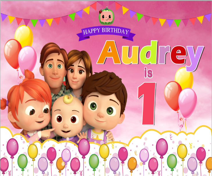 Banner de telón de fondo de fotos rosa de Cocomelon con nombre personalizado para niñas