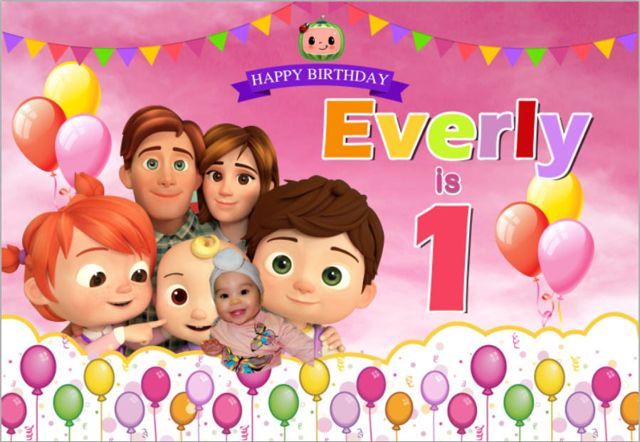 Banner de telón de fondo de fotos rosa de Cocomelon con nombre personalizado para niñas
