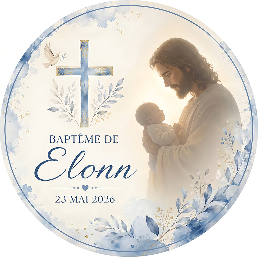 Custom Name Date Baptism Round Photo Backdrop Cover Cross Baby Shower Circle Background