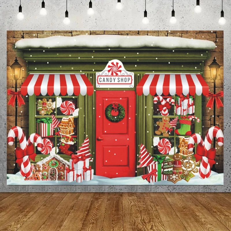 Custom Size Wonderland Christmas Candy Shop with Gingerbread Street Family Dinner and Photography Background