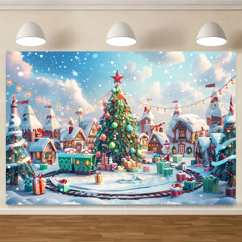 Custom Size Christmas Candy House Photography Background Winter Cedar Tree Christmas Tree Snowflake Lollipop Background