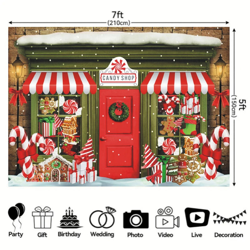 Custom Size Wonderland Christmas Candy Shop with Gingerbread Street Family Dinner and Photography Background