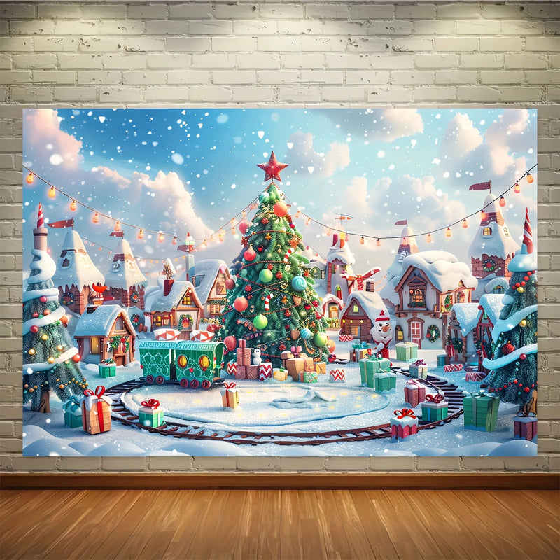 Custom Size Christmas Candy House Photography Background Winter Cedar Tree Christmas Tree Snowflake Lollipop Background