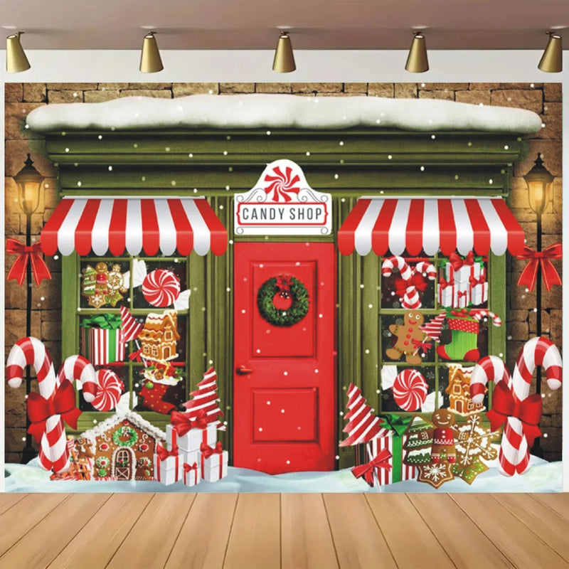 Custom Size Wonderland Christmas Candy Shop with Gingerbread Street Family Dinner and Photography Background