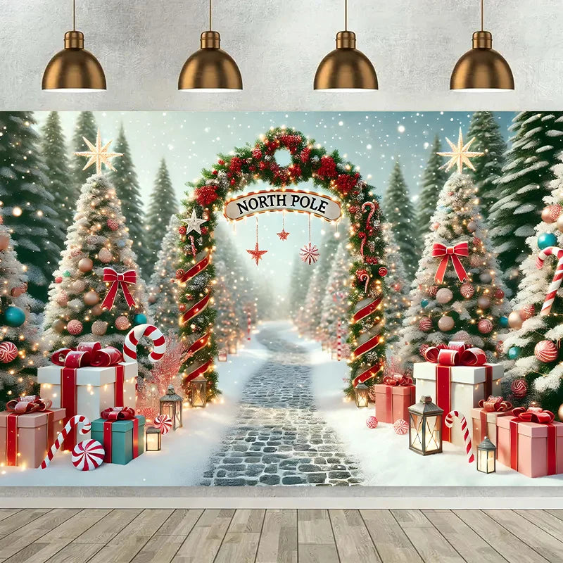 Custom Size festive Arctic Christmas scene background banner versatile for indoor/outdoor