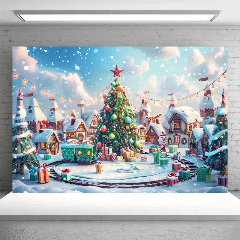 Custom Size Christmas Candy House Photography Background Winter Cedar Tree Christmas Tree Snowflake Lollipop Background