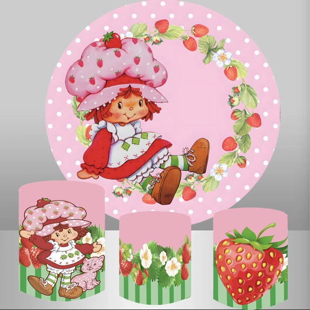 Strawberry Shortcake Round Backdrop Girls Photo Birthday Circle Background Cylinder Plinth Covers