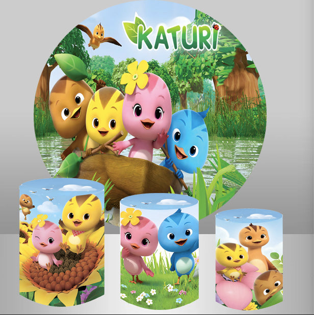 Customize Katuri Chicken Round Backdrops Kids Birthday Party Circle Background Robots Game Birthday Covers Cylinder Plinth Covers