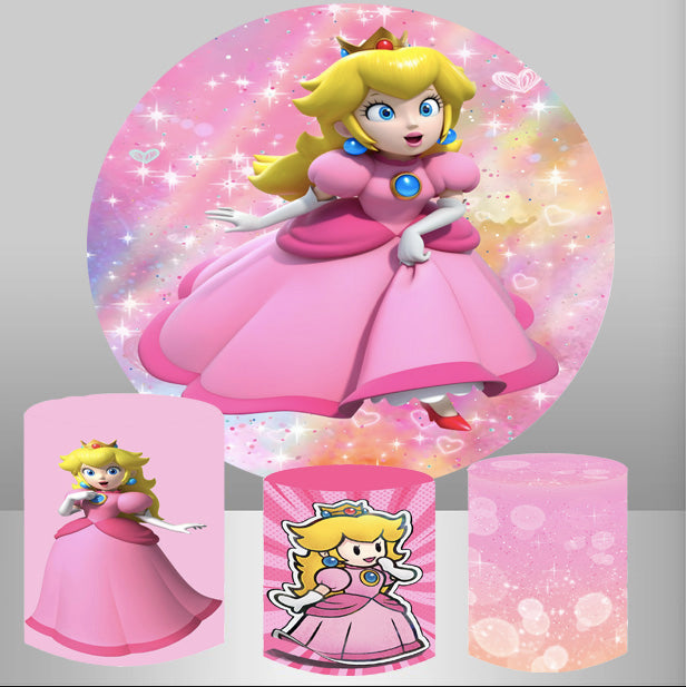 Customize Super Mario Peach Amiibo Princess Backdrop Cover Round Backdrop Girls Birthday Party Circle Background Covers