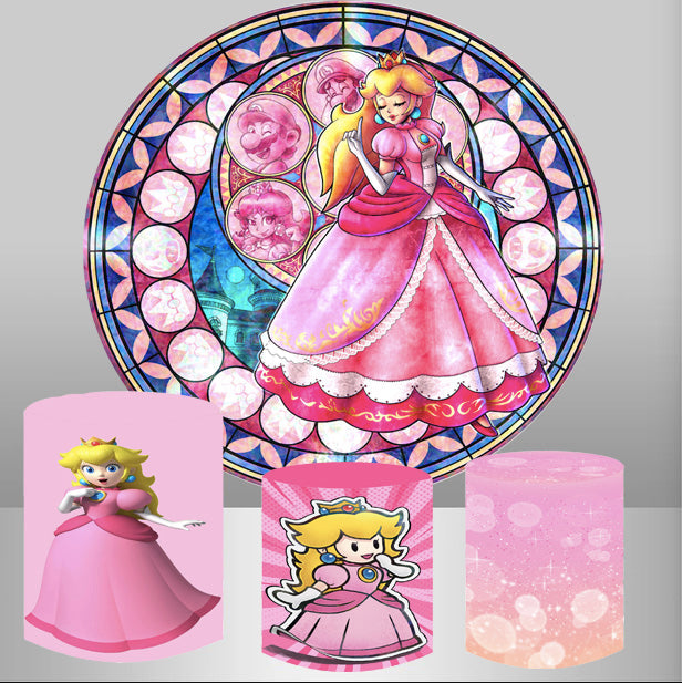 Customize Super Mario Peach Amiibo Princess Backdrop Cover Round Backdrop Girls Birthday Party Circle Background Covers