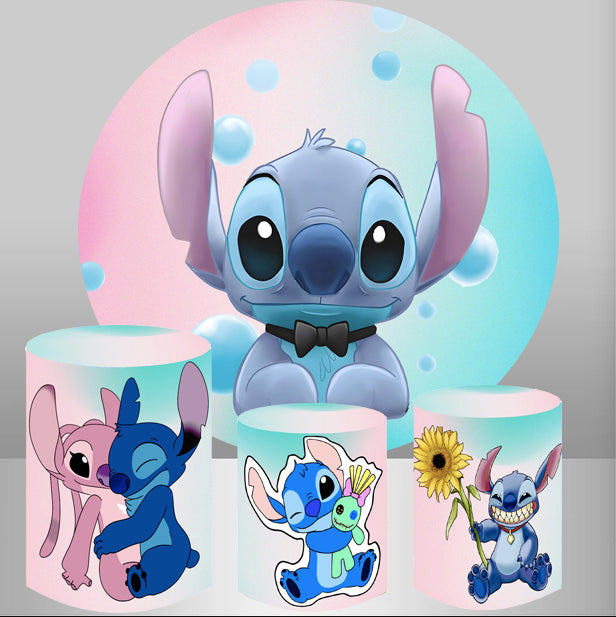 Customize Disney Stitch Round Backdrops Kids Birthday Party Circle Background Lilo & Stitch Birthday Covers Cylinder Plinth Covers