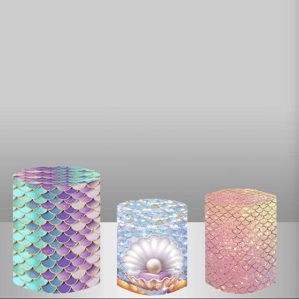 Custom Mermaid Round Backdrops Pink Birthday Party Circle Background Birthday Covers Cylinder Plinth Covers