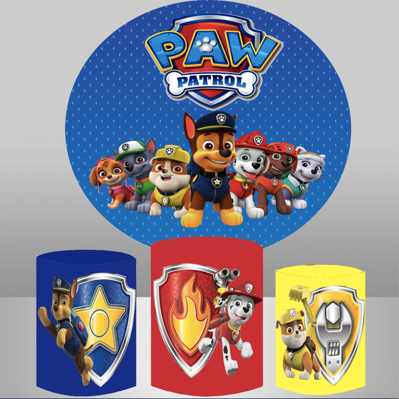 Customize Paw Patrol Round Backdrops Blue Boys Birthday Party Circle Background Robots Game Birthday Covers Cylinder Plinth Covers