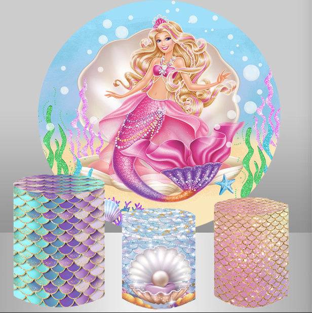 Custom Mermaid Round Backdrops Pink Birthday Party Circle Background Birthday Covers Cylinder Plinth Covers