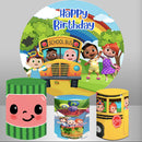 Customize Cocomelon Round Backdrop Cocomelon School Bus Kids Photo Circle Background Cylinder Plinth Covers