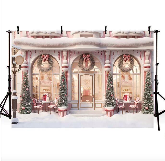 Customize Photography Background Winter Christmas Candy Shop Window Xmas Tree Snow Kid Family Portrait Decor Backdrop