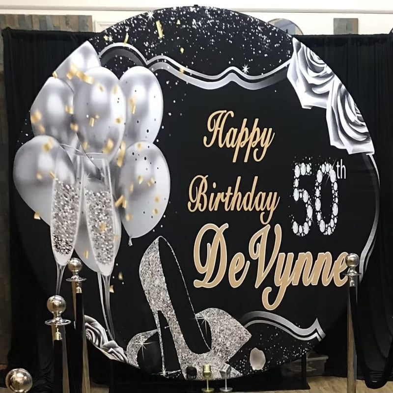 Customize Name 50th Birthday Party Photo Backdrop Cover Round Backdrop Party Circle Background Covers