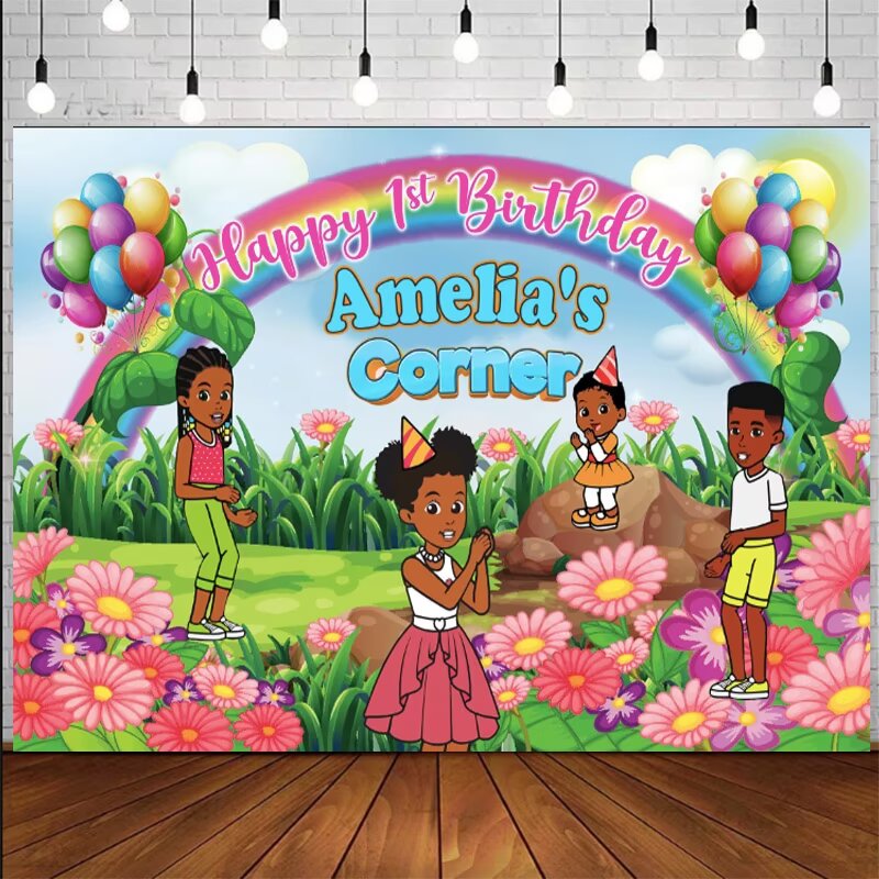 Custom Name Gracie¡¯s Corner Photo Backdrop Rainbow Flower Party Photography Backgrounds Banner