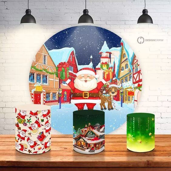 Customize Merry Christmas Circle Round Backdrop Winter Snow Party Background Birthday Decorations Cylinder Plinth Covers