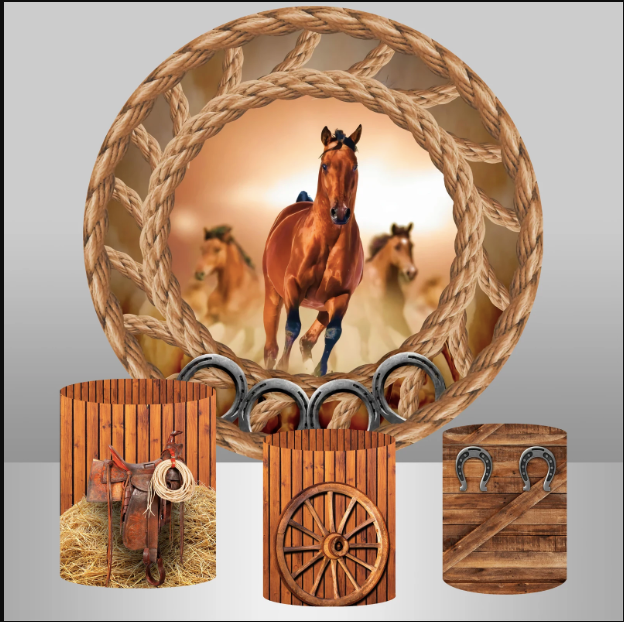 Customize Horse Birthday Circle Round Backdrop Brick Wall Horse Party Background Western Cowboy Birthday Decorations Cylinder Plinth Pillar Covers