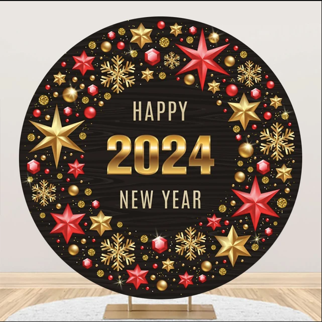 Customize Christmas Party Decor Round Backdrop Happy New Year of 2024 Glitter Star Gift Elastic Backdrop Cover Photo Studio