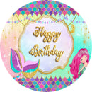 Custom Name Little Mermaid Photo Round Backdrops Glitter Fish Scales Girls Birthday Party Circle Background Cake Party Table Banner Covers