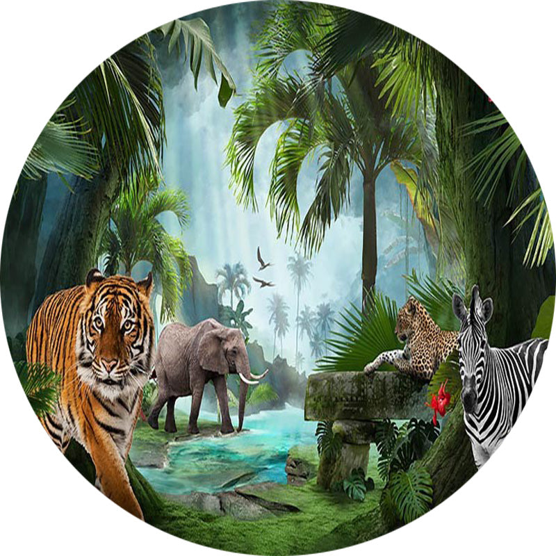 Animals Zoo Round Backdrops Jungle Safari Tiger Party Circle Background Elephant Zebra Kids Cake Party Table Banner Covers
