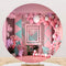 Ballons d'intérieur roses, arrière-plan rond pour filles, couverture de fond circulaire pour fête d'anniversaire 