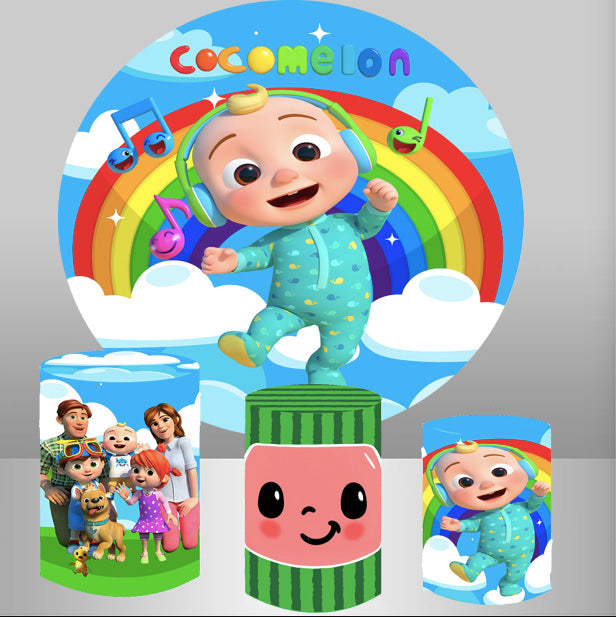 Customize Cocomelon Round Backdrop Coco melon Family Birthday Circle Background Cylinder Plinth Covers