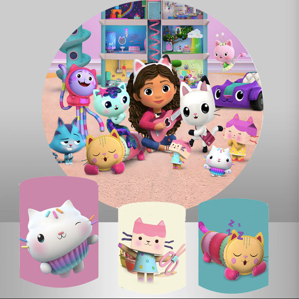 Gabby's Dollhouse Round Backdrops Kids Birthday Party Circle Background Gabby Birthday Covers Cylinder Plinth Covers