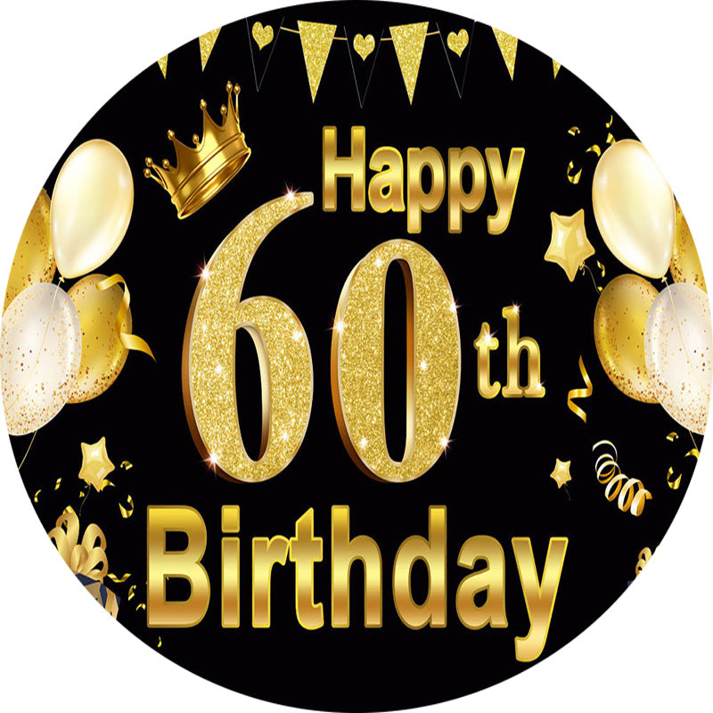 60th Birthday Round Backdrop Black Golden Men's Birthday Party Circle Background Balloons Table Banner Covers