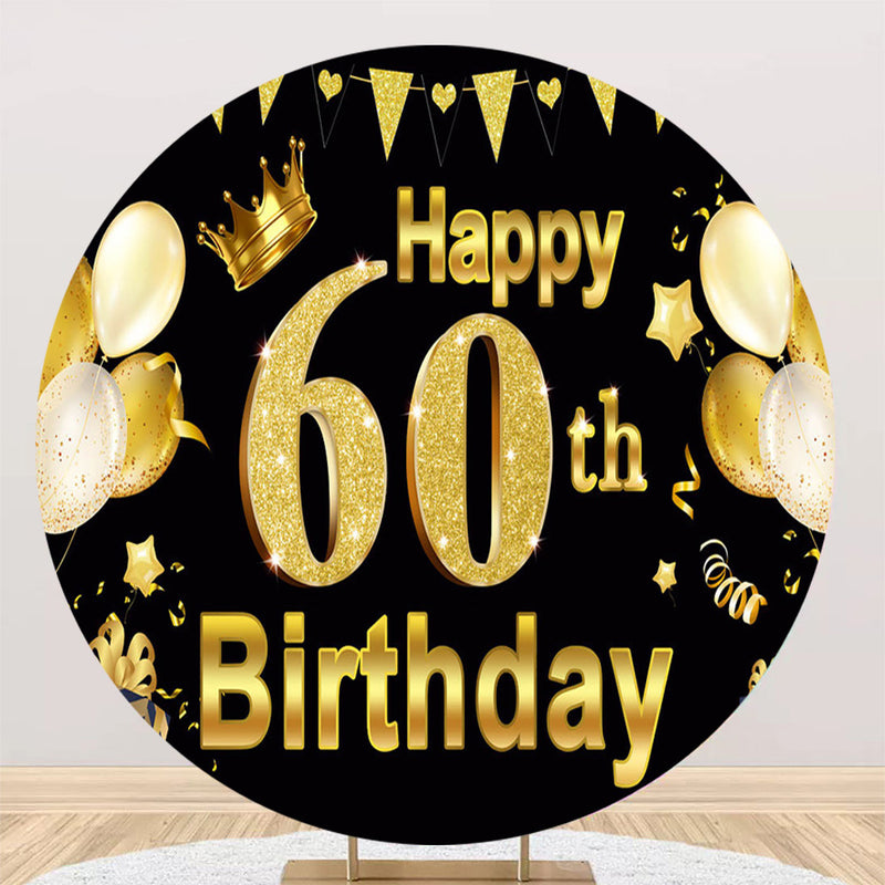 60th Birthday Round Backdrop Black Golden Men's Birthday Party Circle Background Balloons Table Banner Covers