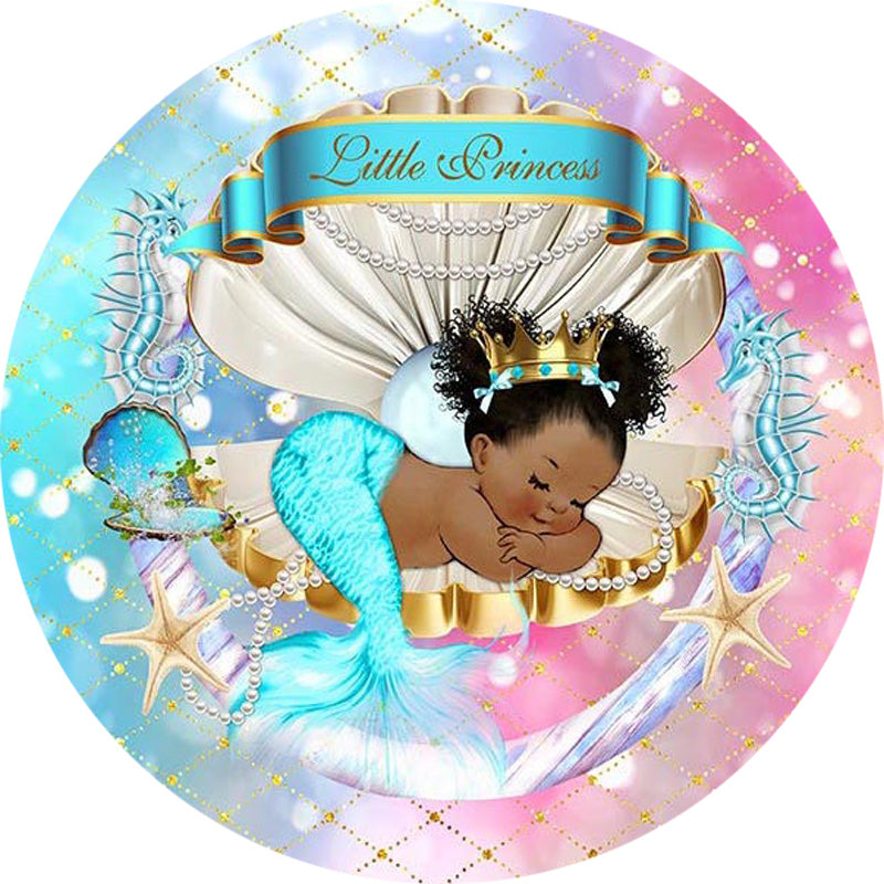 Customize Glitter Shell Newborn Round Backdrop The Little Princess Girls Baby Shower Birthday Party Decor Circle Cake Table Background