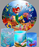 Mermaid Round Backdrops Fish Ocean Circle Background Girls Birthday Party Cylinder Plinth Covers Covers