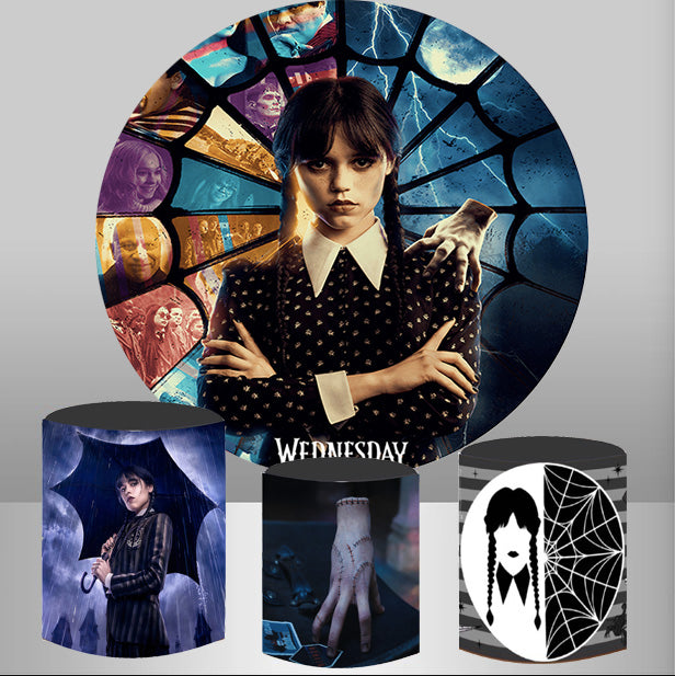 Wednesday Addams Round Backdrops Kids Birthday Party Wednsday Adamas Redondo Circle Background Birthday Covers Cylinder Plinth Covers
