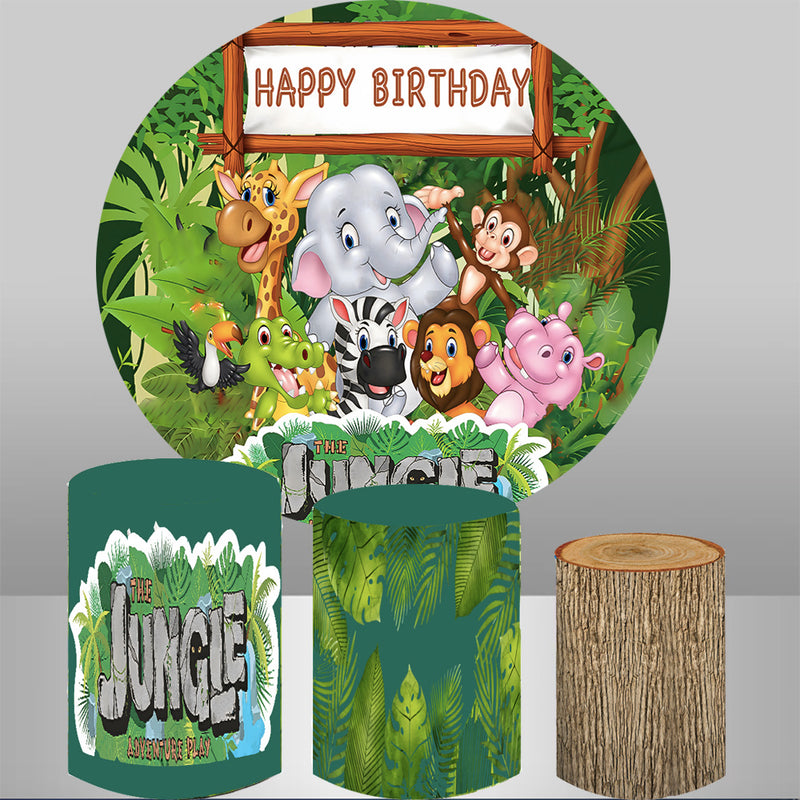 Personalize Jungle Safari Tiger Round Backdrops Animals Zoo Party Circle Background Lion Monkey Cake Party Table Banner Covers