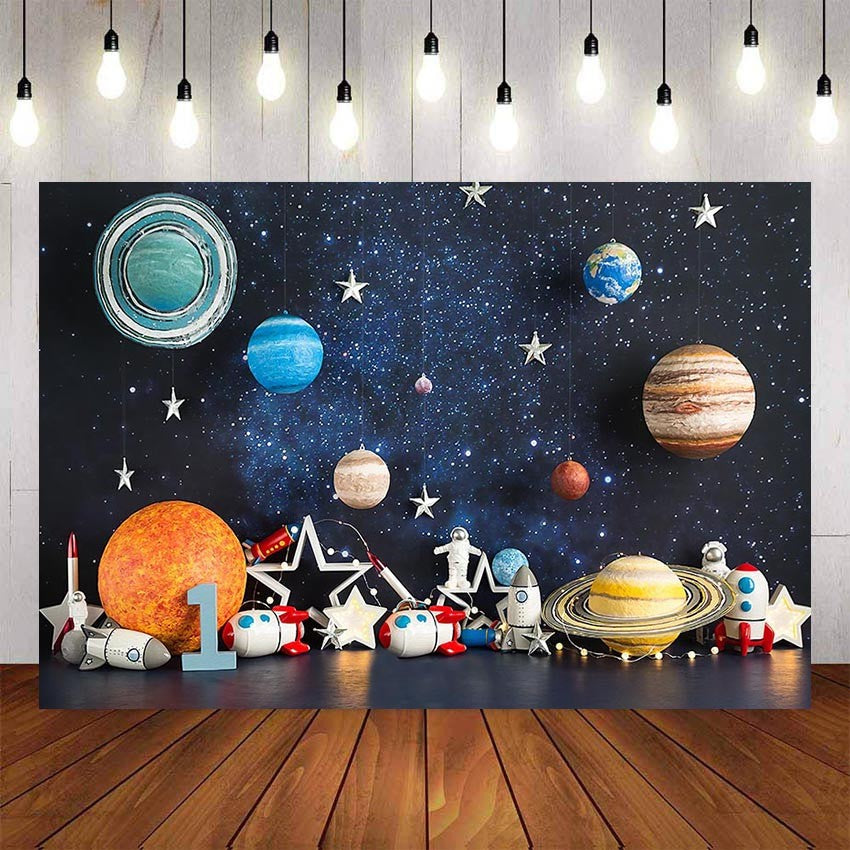 1st Birthday Party Photography Background Space Astronaut Rocket Astronomy Planet Galaxy Child Backdrop Photo Studio