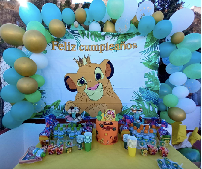 Fondo de hojas verdes de dibujos animados del Rey León para niños, fondos de fiesta de primer cumpleaños para estudio fotográfico personalizado