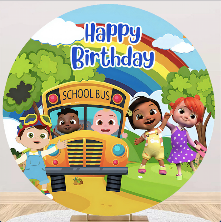 Cocomelon Round Backdrop Happy Birthday School Bus 