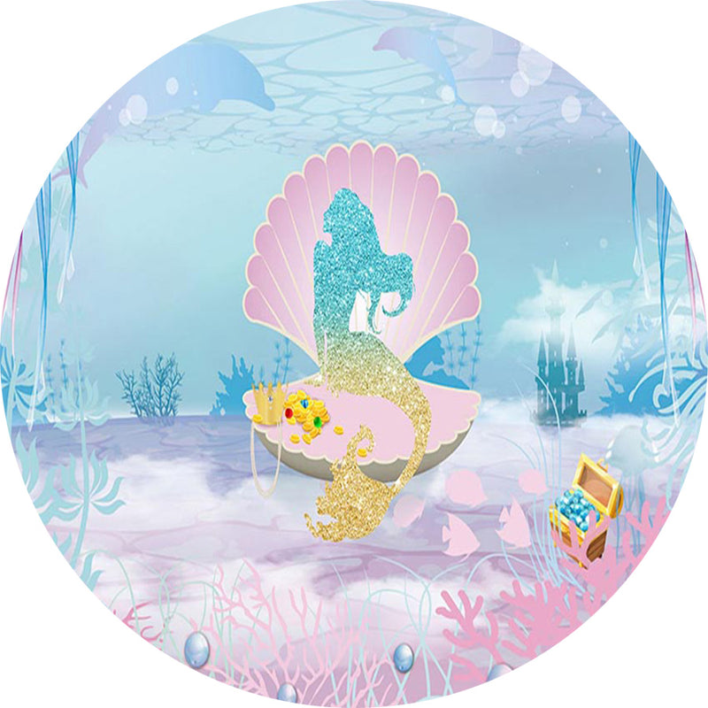 Little Mermaid Round Backdrops Ocean Shell Circle Background Girls Birthday Cake Table Banner Covers