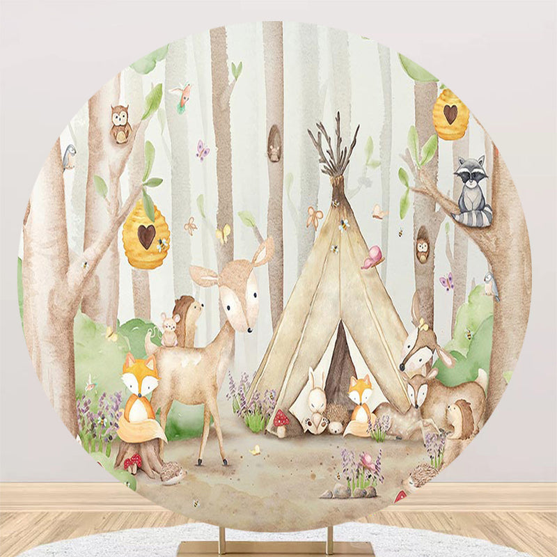 Jungle Safari Round Backdrops Fox Tent Party Circle Background Boys Birthday Cake Table Banner Covers